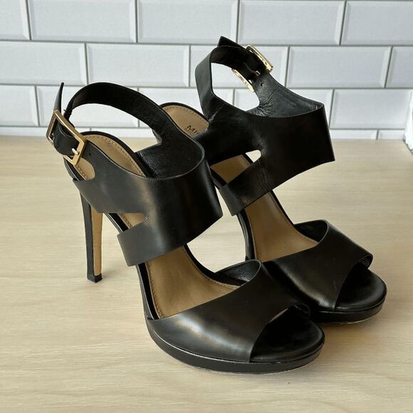 MICHAEL Michael Kors Black Leather Open Toe Buckle Heels - Size 7.5 - Picture 1 of 5